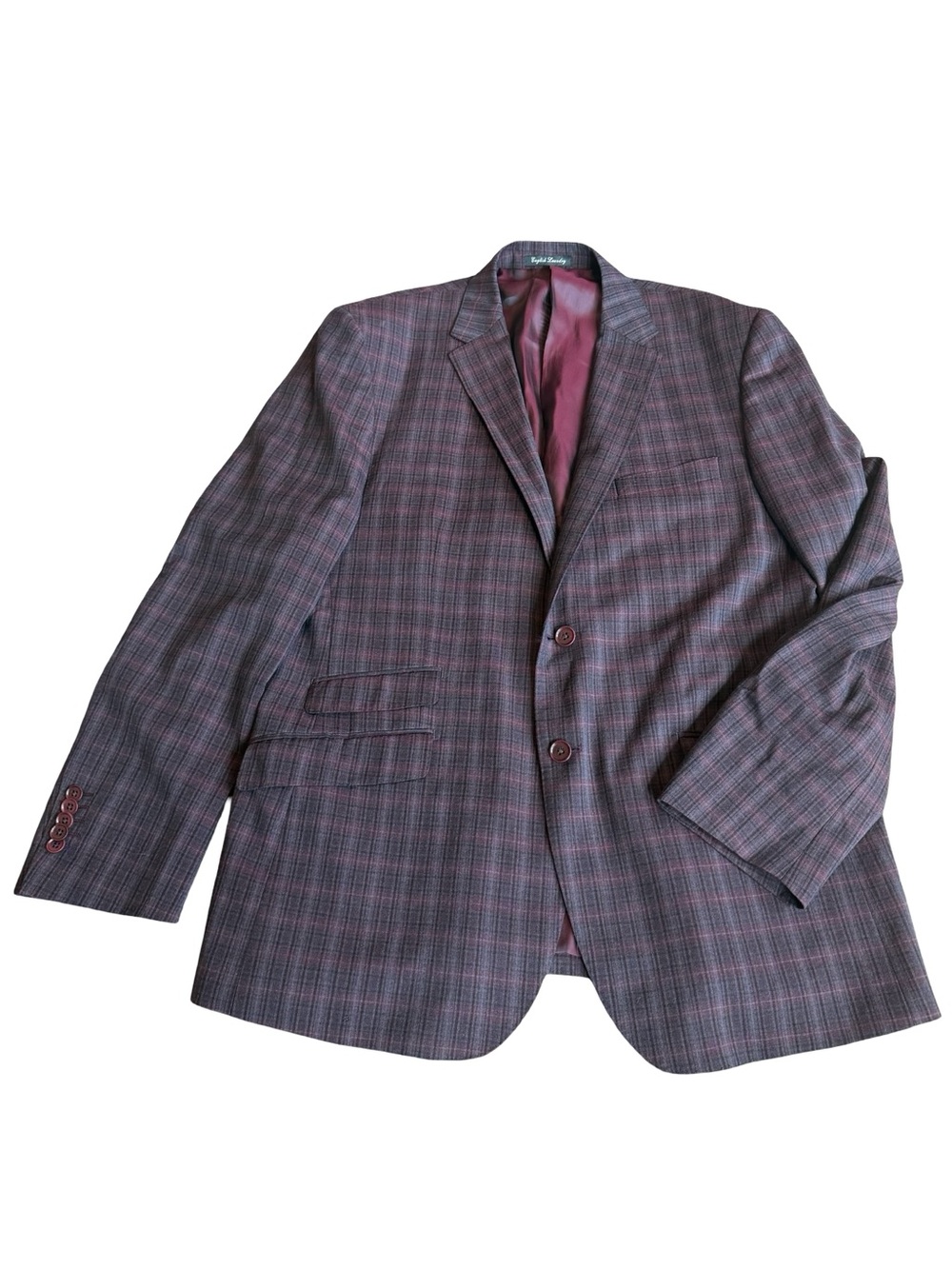 English Laundry Grey Plum Plaid Wool Blazer Sport Two Button Flap Size 44R Men's